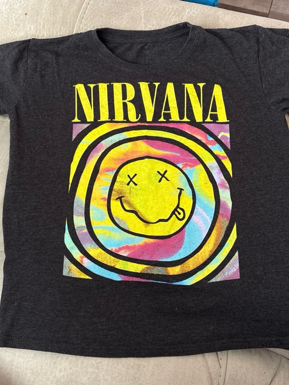 NIRVANA Tee with Yellow Logo and Multicolor Smiley